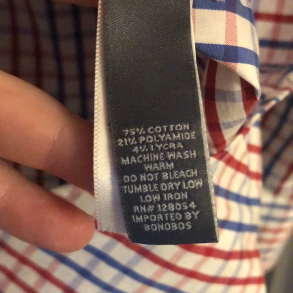 Bonobos Stretch Slim Fit Red White Blue Check Long Sleeve Button Down, 17.5/36. - Picture 7 of 10
